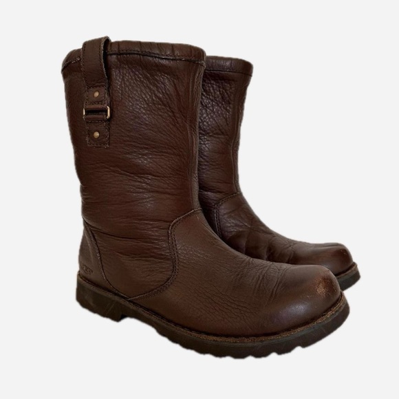 UGG Brown Leather Fleece-Lined Mid Calf boots - marked as size 4 fits like 5.5 - Picture 1 of 8